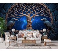 Non-Woven Paste The Wall Mural 3D Tree of Life Photo Wallpaper | Wipeable Waterproof Mural Wallpaper Nordic Raven Feature Wall Art 400x280 cm for Living Room Bedroom Home Office L194