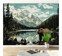Non-Woven Paste The Wall Mural 3D Vintage Bear Forest Photo Wallpaper | Wipeable Waterproof Mural Wallpaper Lake Snow Mountain Feature Wall Art 200x140 cm for Living Room Bedroom Home Office F400