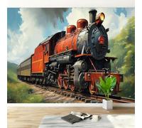 Non-Woven Paste The Wall Mural 3D Vintage Steam Train Photo Wallpaper | Wipeable Waterproof Mural Wallpaper Railway Locomotive Feature Wall Art 400x280 cm for Living Room Bedroom Home Office Q159