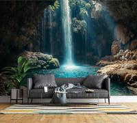 Non-Woven Paste The Wall Mural 3D Waterfall Cave Photo Wallpaper | Wipeable Waterproof Mural Wallpaper Natural Landscape Feature Wall Art 300x210 cm for Living Room Bedroom Home Office J542