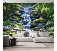 Non-Woven Paste The Wall Mural 3D Waterfall Forest Photo Wallpaper | Wipeable Waterproof Mural Wallpaper Garden Landscape Feature Wall Art 500x280 cm for Living Room Bedroom Home Office M160