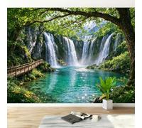 Non-Woven Paste The Wall Mural 3D Waterfall Forest Photo Wallpaper | Wipeable Waterproof Mural Wallpaper Lake Landscape Feature Wall Art 250x175 cm for Living Room Bedroom Home Office M709