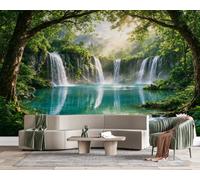 Non-Woven Paste The Wall Mural 3D Waterfall Forest Photo Wallpaper | Wipeable Waterproof Mural Wallpaper Sunlight Landscape Feature Wall Art 200x140 cm for Living Room Bedroom Home Office L92