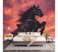 Non-Woven Photo Murals for TV & Sofa Background Wall Decoration, Black Horse Pattern Wall Art Decor Wallpaper Sunset Red 3D Mural Large Wallpaper for Bedroom Living Office 250x175 cm