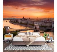 Non-Woven Photo Murals for TV & Sofa Background Wall Decoration, Budapest Chain Bridge Landscape Wall Art Decor Wallpaper Orange Sunset 3D Mural Large Wallpaper for Bedroom Living Office 300x210 cm