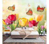 Non-Woven Photo Murals for TV & Sofa Background Wall Decoration, Butterfly Tulip Floral Wall Art Decor Wallpaper Colorful 3D Mural Large Wallpaper for Bedroom Living Office 200x140 cm