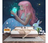 Non-Woven Photo Murals for TV & Sofa Background Wall Decoration, Cartoon Girl Theme Wall Art Decor Wallpaper Blue 3D Mural Large Wallpaper for Bedroom Living Office 200x140 cm