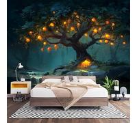 Non-Woven Photo Murals for TV & Sofa Background Wall Decoration, Fantasy Lantern Tree Wall Art Decor Wallpaper Dark Green 3D Mural Large Wallpaper for Bedroom Living Office 200x140 cm