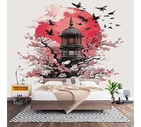 Non-Woven Photo Murals for TV & Sofa Background Wall Decoration, Japanese Architecture Cherry Blossom Wall Art Decor Wallpaper Red Sun 3D Mural Large Wallpaper for Bedroom Living Office 300x210 cm