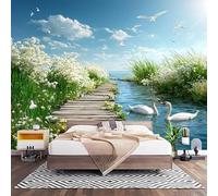 Non-Woven Photo Murals for TV & Sofa Background Wall Decoration, Nature Wooden Bridge Scenery Wall Art Decor Wallpaper Fresh 3D Mural Large Wallpaper for Bedroom Living Office 450x315 cm