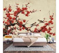 Non-Woven Photo Murals for TV & Sofa Background Wall Decoration, Painted Cherry Blossoms & Birds Wall Art Decor Wallpaper Red 3D Mural Large Wallpaper for Bedroom Living Office 450x315 cm