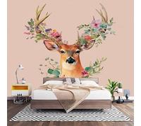Non-Woven Photo Murals for TV & Sofa Background Wall Decoration, Pink Wall Art Decor Wallpaper Abstract Watercolor Deer & Florals 3D Mural Large Wallpaper for Bedroom Living Office 350x256 cm