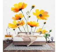 Non-Woven Photo Murals for TV & Sofa Background Wall Decoration, Watercolor Florals Chrysanthemums Wall Art Decor Wallpaper Yellow 3D Mural Large Wallpaper for Bedroom Living Office 350x256 cm