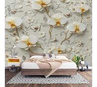 Non-Woven Photo Murals for TV & Sofa Background Wall Decoration, White Wall Art Decor Wallpaper 3D Orchid Relief 3D Mural Large Wallpaper for Bedroom Living Office 350x256 cm