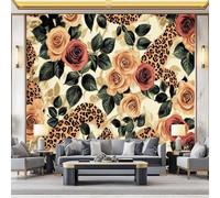 Non-Woven Photo Wallpaper 3D Effect Leopard Print Roses, Retro Style Wall Mural Decoration Poster Picture Design 450 x 280 cm (W x H) Mural for Living Room Kids Bedroom