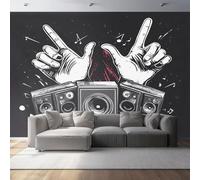 Non-Woven Photo Wallpaper 3D Effect Rock Hands Speakers, Retro Poster Wall Mural Decoration Poster Picture Design 450 x 280 cm (W x H) Mural for Living Room Kids Bedroom