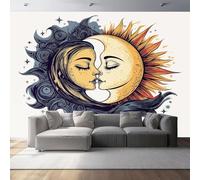 Non-Woven Photo Wallpaper 3D Effect Sun Moon Faces, Retro Style Wall Mural Decoration Poster Picture Design 500 x 280 cm (W x H) Mural for Living Room Kids Bedroom
