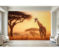 Non-Woven Photo Wallpaper 3D Giraffe Savanna Feature Wall Mural Matt | Wipeable Panoramic Mural Wallpaper 300x210 cm African Wildlife Wall Art for Living Room Bedroom Home Office B178