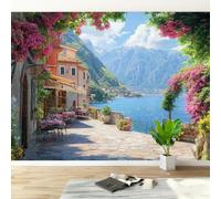 Non-Woven Photo Wallpaper 3D Italian Coastal Village Feature Wall Mural | Wipeable Panoramic Mural Wallpaper 250x175 cm Mediterranean Lakeside Paste The Wall Art for Living Room Bedroom Home Office