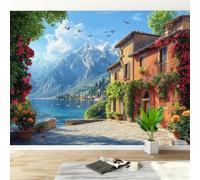 Non-Woven Photo Wallpaper 3D Italian Lakeside Village Feature Wall Mural | Wipeable Panoramic Mural Wallpaper 250x175 cm Mediterranean Mountain Paste The Wall Art for Living Room Bedroom Home Office