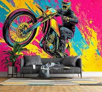 Non-Woven Photo Wallpaper 3D Motocross Rider Feature Wall Mural Matt | Wipeable Panoramic Mural Wallpaper 200x140 cm Motorcycle Pop Art Paste The Wall Art for Living Room Bedroom Home Office F1219
