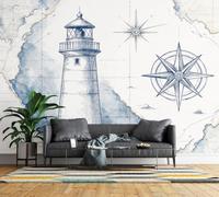 Non-Woven Photo Wallpaper 3D Nautical Lighthouse Feature Wall Mural Matt | Wipeable Panoramic Mural Wallpaper 300x210 cm Vintage Map Coastal Wall Art for Living Room Bedroom Home Office C178