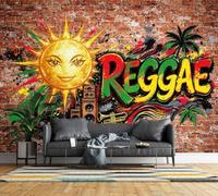 Non-Woven Photo Wallpaper 3D Reggae Music Graffiti Feature Wall Mural Matt | Wipeable Panoramic Mural Wallpaper 300x210 cm Street Art Brick Wall Wall Art for Living Room Bedroom Home Office A213