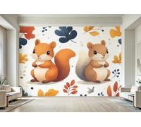 Non-Woven Photo Wallpaper 3D Squirrel Animal Feature Wall Mural Matt | Wipeable Panoramic Mural Wallpaper 150x105 cm Cartoon Autumn Leaves Wall Art for Living Room Bedroom Home Office B210