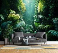Non-Woven Photo Wallpaper 3D Tropical Jungle Feature Wall Mural Matt | Wipeable Panoramic Mural Wallpaper 200x140 cm Rainforest Palm Foliage Paste The Wall Art for Living Room Bedroom Home Office