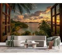 Non-Woven Photo Wallpaper 3D Tropical Palm Tree Feature Wall Mural Matt | Wipeable Panoramic Mural Wallpaper 300x210 cm Window Beach Sunset Wall Art for Living Room Bedroom Home Office T178