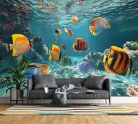 Non-Woven Photo Wallpaper 3D Underwater Fish Feature Wall Mural Matt | Wipeable Panoramic Mural Wallpaper 300x210 cm Tropical Ocean Paste The Wall Art for Living Room Bedroom Home Office F17