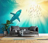 Non-Woven Photo Wallpaper 3D Underwater Shark Feature Wall Mural Matt | Wipeable Panoramic Mural Wallpaper 350x256 cm Ocean Fish School Paste The Wall Art for Living Room Bedroom Home Office F109