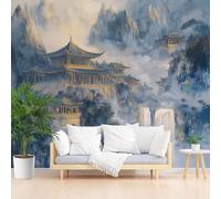 Non-Woven Photo Wallpaper Clouds Mountains Buildings Landscape 500x317cm Wall Mural Wallpaper for Living Room Bedroom Children's Room Murals Decoration Natural Mountain Scenery Blue Poster Picture