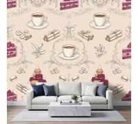 Non-Woven Photo Wallpaper Coffee Cup Macaron 450 x 280 cm Wall Mural, Medieval Vintage Art Wall Poster Mural for Living Room Bedroom Office Kitchen Bathroom