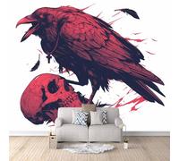 Non-Woven Photo Wallpaper Crow Feathers Skull 3D Pattern Animal Wall Mural 300x210 cm Durable Waterproof Easy to Clean Wall Paper for Living Room Corridor Café Gallery Office Decoration Mural Poster