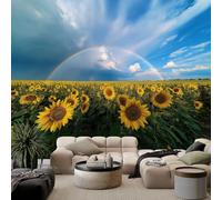Non-Woven Photo Wallpaper Flowers Sunflower Fields Rainbows Mural 250 x 175 cm, Nature Landscape Bedroom Wallpaper Decoration, Living Room Wall Mural Wall Covering Design