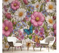 Non-Woven Photo Wallpaper Lush Wildflowers 3D Effect Photo Wallpaper Bedroom Living Room Modern Non-Woven Wallpaper XXL Wallpaper Motif Wallpaper 3D Daisy Butterflies Decoration,250cmx175cm
