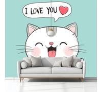 Non-Woven Photo Wallpaper Mural Blue 150 x 105 cm - 3D Cute Kitty Love You Conversation Wall Decoration for Children's Bedroom TV Background - Modern Art Print Poster Housewarming Gift