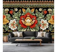 Non-Woven Photo Wallpaper Mural Bohemian Floral Art Art Photo Wallpaper Murals 3D Effect Green, Easy to Install, for Living Room Bedroom - 250 x 175 cm