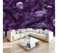 Non-Woven Photo Wallpaper Murals 150 x 105 cm, Gothic Skull Crow Dark Fantasy Backdrop Wall Photo Mural Wallpaper Purple for Living Room Bedroom Children's Room Corridor
