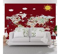 Non-Woven Photo Wallpaper Painted Art World Map 365x254cm(W x H) Wall Mural Wallpaper for Living Room Bedroom Children's Room Corridor Murals Decoration Modern Vintage Map and Sun Poster Picture