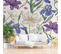 Non-Woven Photo Wallpaper Painted Floral Floral Leaves 365x254cm(W x H) Wall Mural Wallpaper for Living Room Bedroom Children's Room Murals Decoration Colorful Plants and Floral Poster Picture