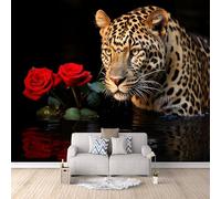 Non-Woven Photo Wallpaper Tiger Red Flowers 3D Pattern Animal Wall Mural 150x105 cm Durable Waterproof Easy to Clean Wall Paper for Living Room Corridor Café Gallery Office Decoration Mural Poster