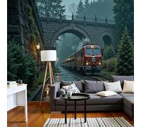 Non-woven photo wallpaper, train, stone arch bridge, 3D effect, retro forest wallpaper for living room/bedroom, dark green, non-woven wallpaper, wall covering, wallpaper for wall decoration, 150cm x 1