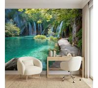 Non-Woven Photo Wallpaper Waterfall Lake Boardwalk - 250 x 175cm Wall Murals for Living Room Sofa or TV Background Wall, Rustic Landscape Wall Papers for Children Bedroom Office Home Decor
