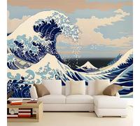 Non-Woven Premium Art Print Fleece Comic Japanese Sea Waves and Mount Fuji Photo Wallpaper Photo Mural Kids Adult Bedroom Wall Mural Home Poster Decoration 150 x 105 cm