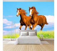 Non-Woven Premium Nature Grass Animals Horses Wallpaper, 3D Panoramic Custom BlueWallpaper Mural 79 x 55 inch (W x H) - Living Room Background Decoration Poster