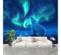Non-Woven Premium Wall Mural 250x175cm Animals Polar Bear Aurora No Residue Removable Waterproof Decals Art Wallpaper Dark Blue for Nursery Classroom Kitchen Office Sofa Background