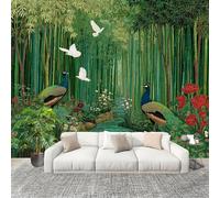 Non-Woven Premium Wall Mural 250x175cm Bamboo Jungle Animals and Florals No Residue Removable Waterproof Decals Art Wallpaper Green for Nursery Classroom Kitchen Office Sofa Background