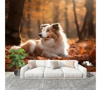 Non-Woven Premium Wall Mural 300x210cm Jungle Animals Puppy Fallen Leaves No Residue Removable Waterproof Decals Art Wallpaper Warm Yellow for Nursery Classroom Kitchen Office Sofa Background